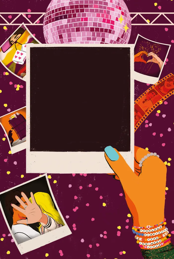 Hand holding blank instant photo with disco ball, film strips, and confetti