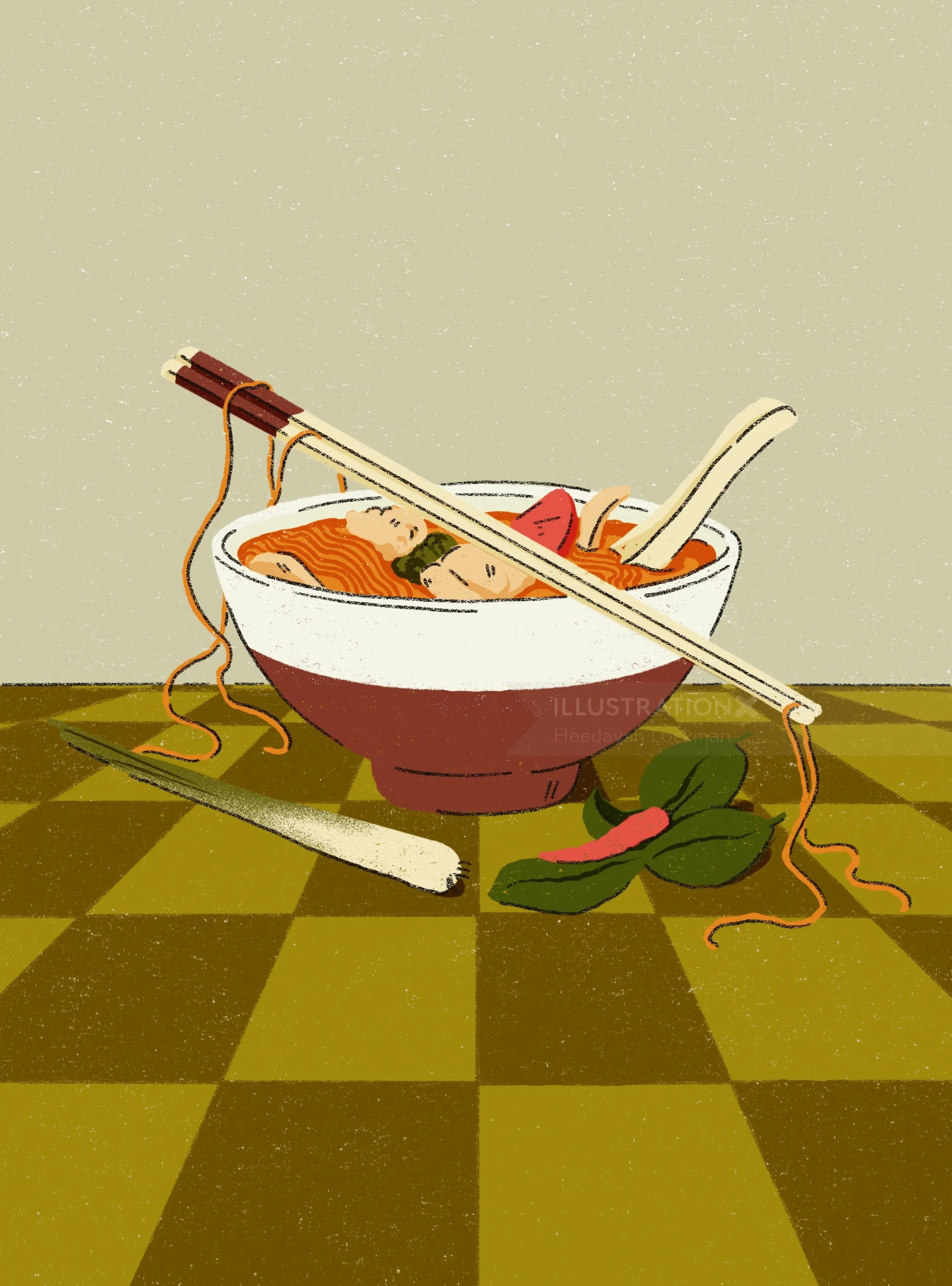 Bowl of noodle soup with chopsticks, spoon, and vegetables on checkered surface