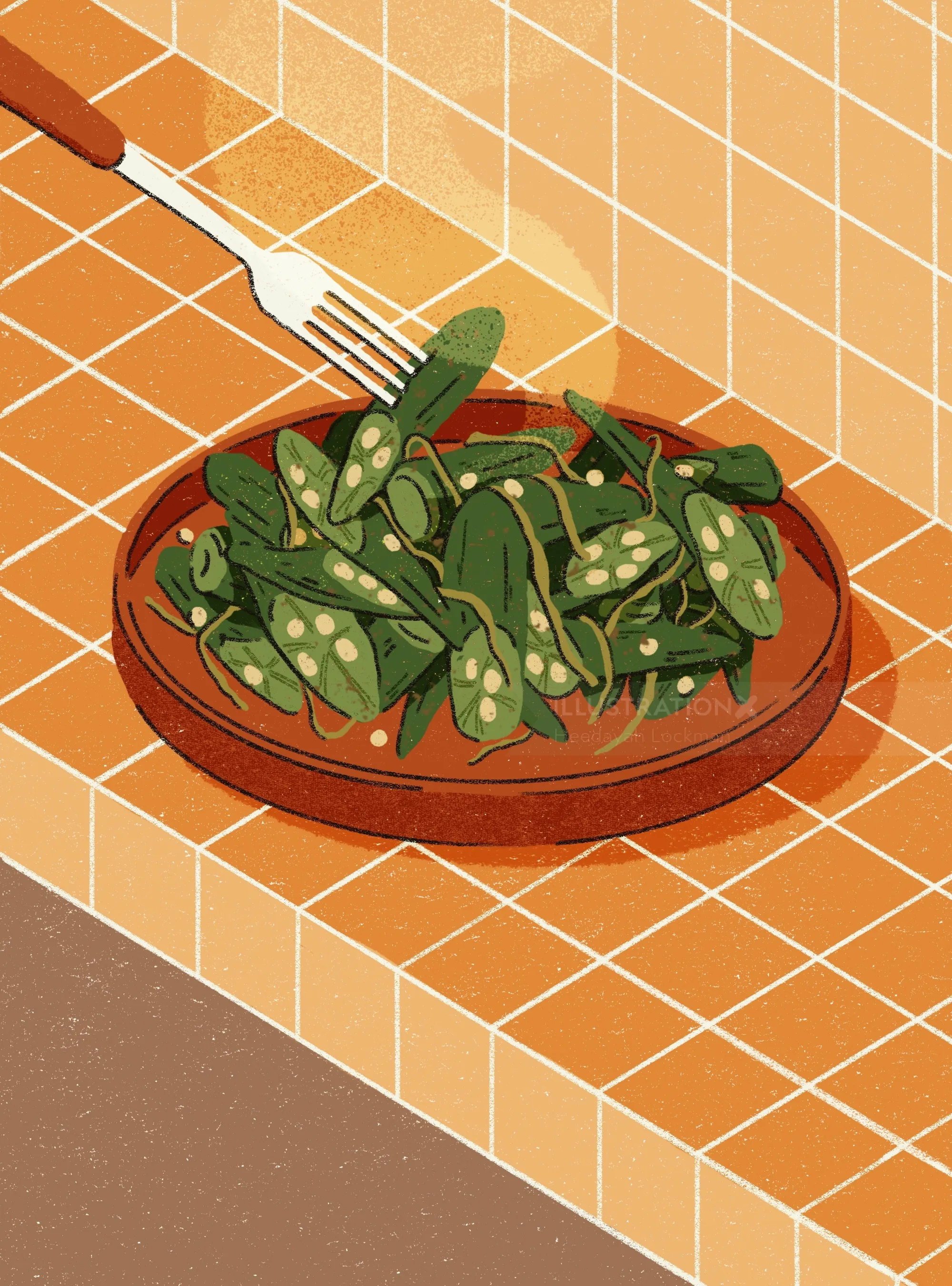 Bowl of fresh green snap peas with fork on orange tiled surface