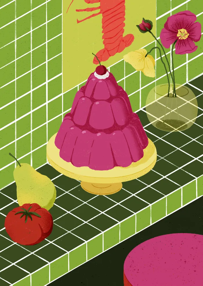 Pink gelatin dessert on yellow pedestal with fruits and flower vase