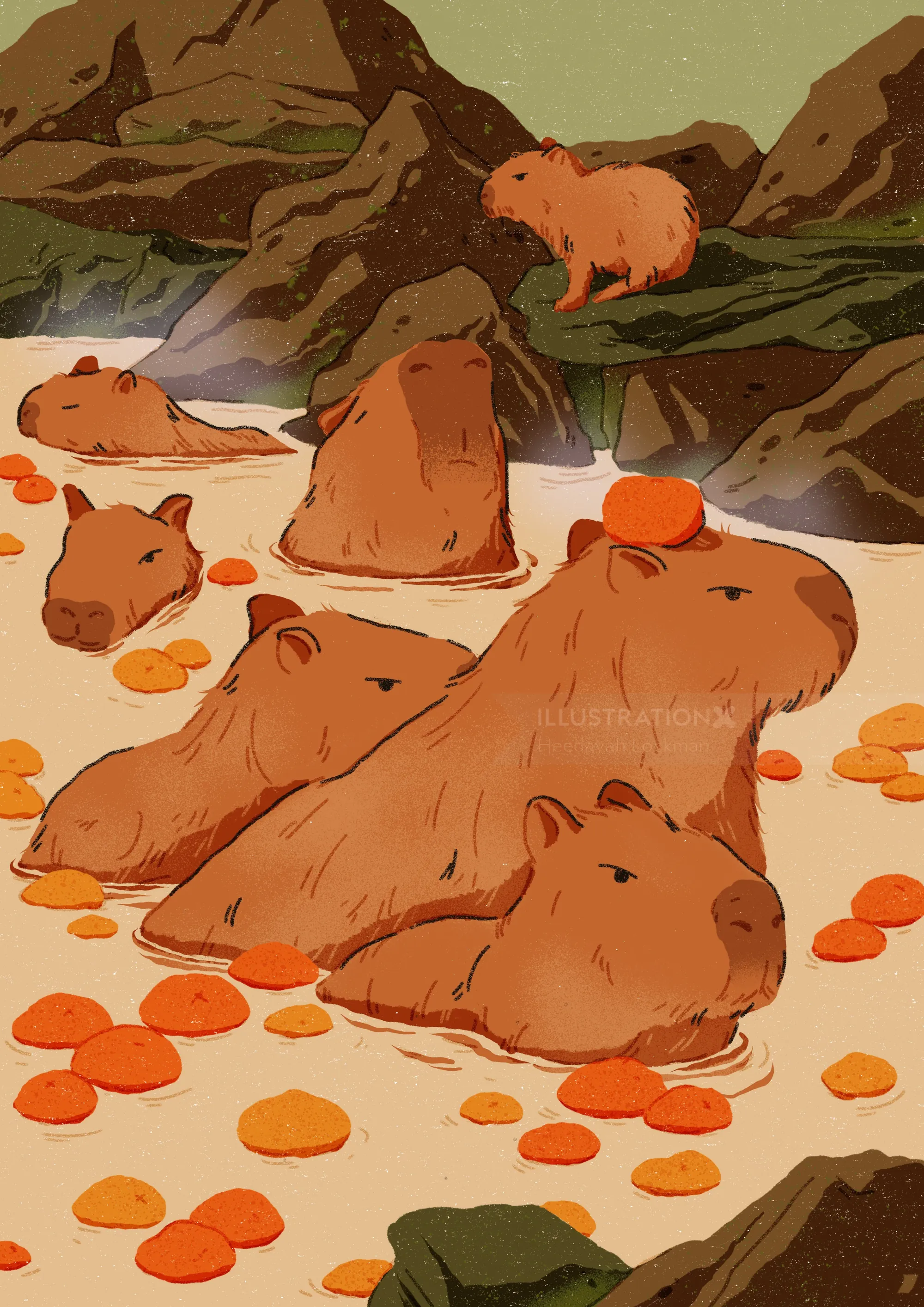 Group of capybaras soaking in hot spring with orange fruits around