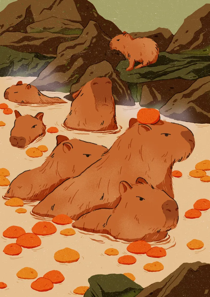 Group of capybaras soaking in hot spring with orange fruits around