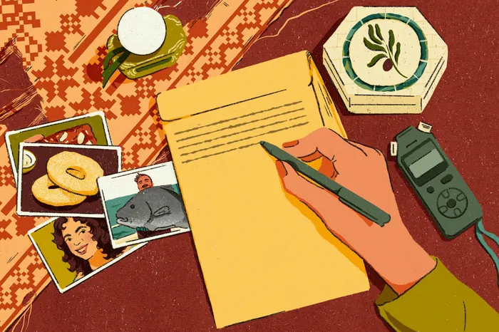 Hand writing letter next to photos, candle, and voice recorder.