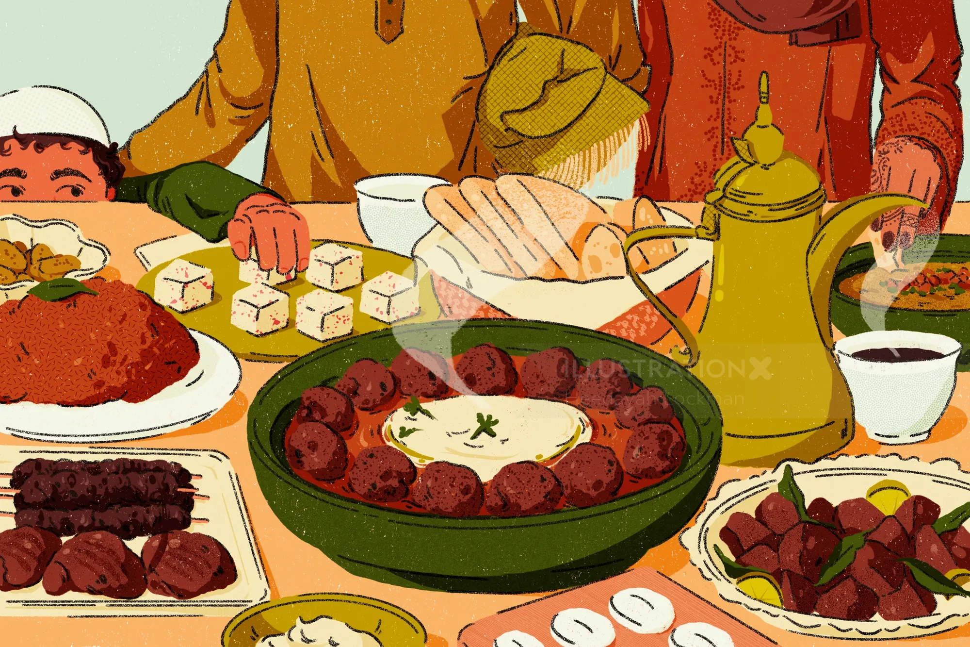 Traditional Middle Eastern meal with meatballs, rice, tea, and side dishes.