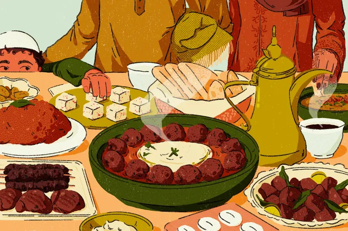 Traditional Middle Eastern meal with meatballs, rice, tea, and side dishes.