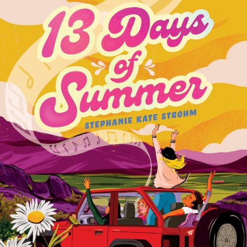 Two friends in red Jeep driving through a scenic summer landscape.