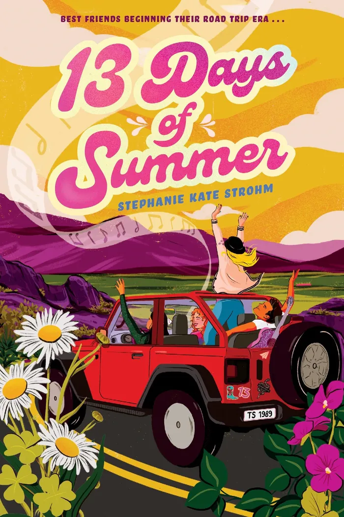 Two friends in red Jeep driving through a scenic summer landscape.