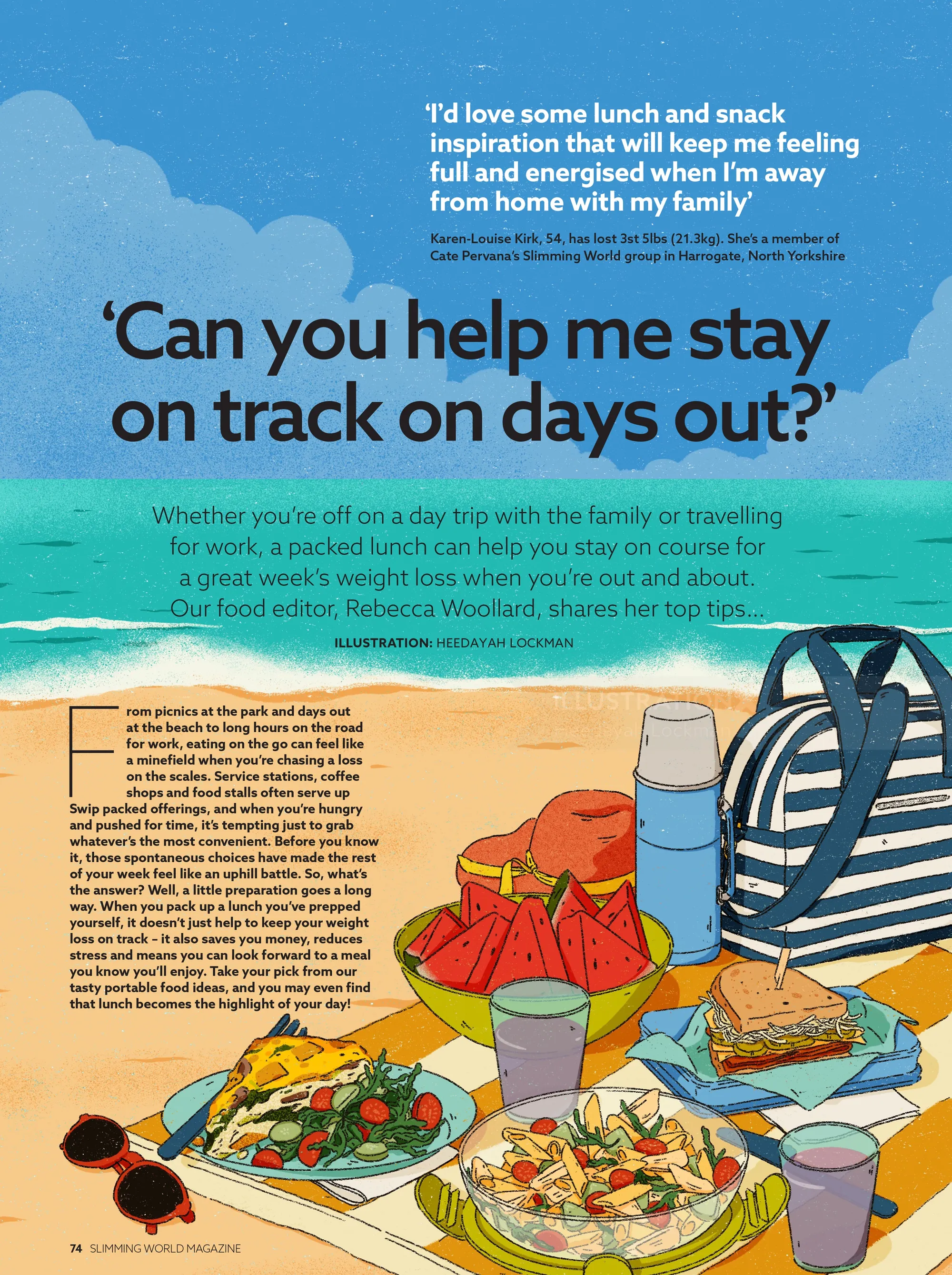 Healthy outdoor lunch illustration by Heedayah Lockman with food, drinks, and a backpack.