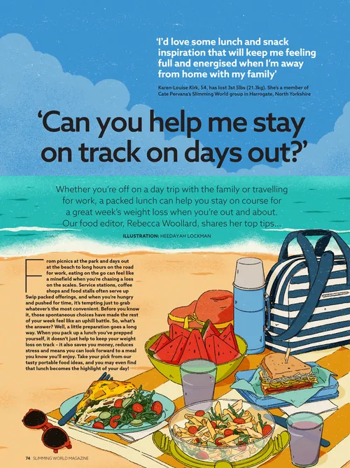 Healthy outdoor lunch illustration by Heedayah Lockman with food, drinks, and a backpack.