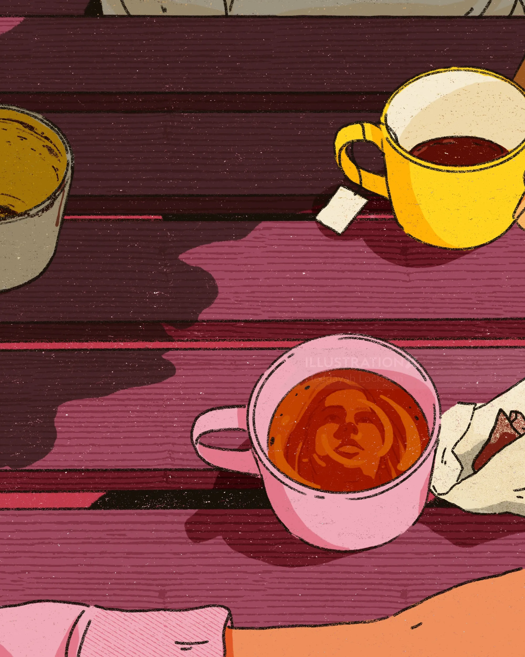 Heedayah Lockman illustration of two cups and a pastry on a wooden table.