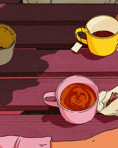 Heedayah Lockman illustration of two cups and a pastry on a wooden table.