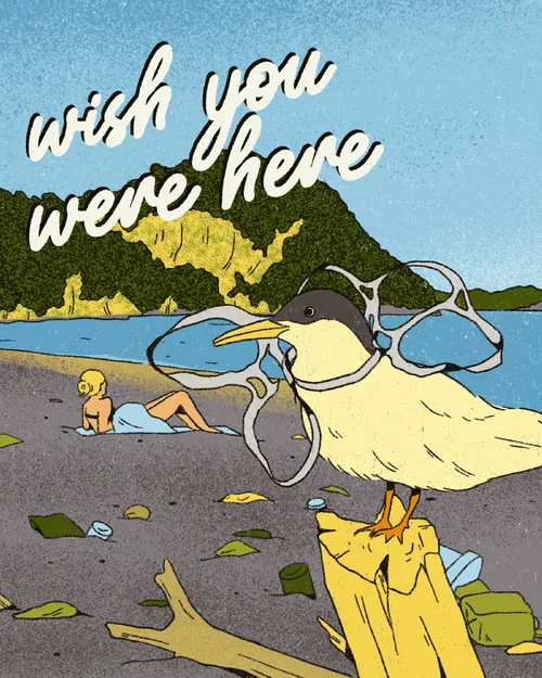 Heedayah Lockman illustration of a penguin on a beach with mountains and the words wish you were her