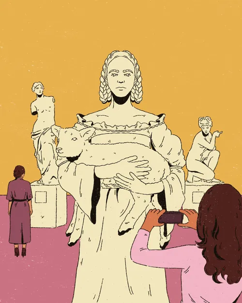 Heedayah Lockman illustration of a woman holding a lamb among surrounding figures.