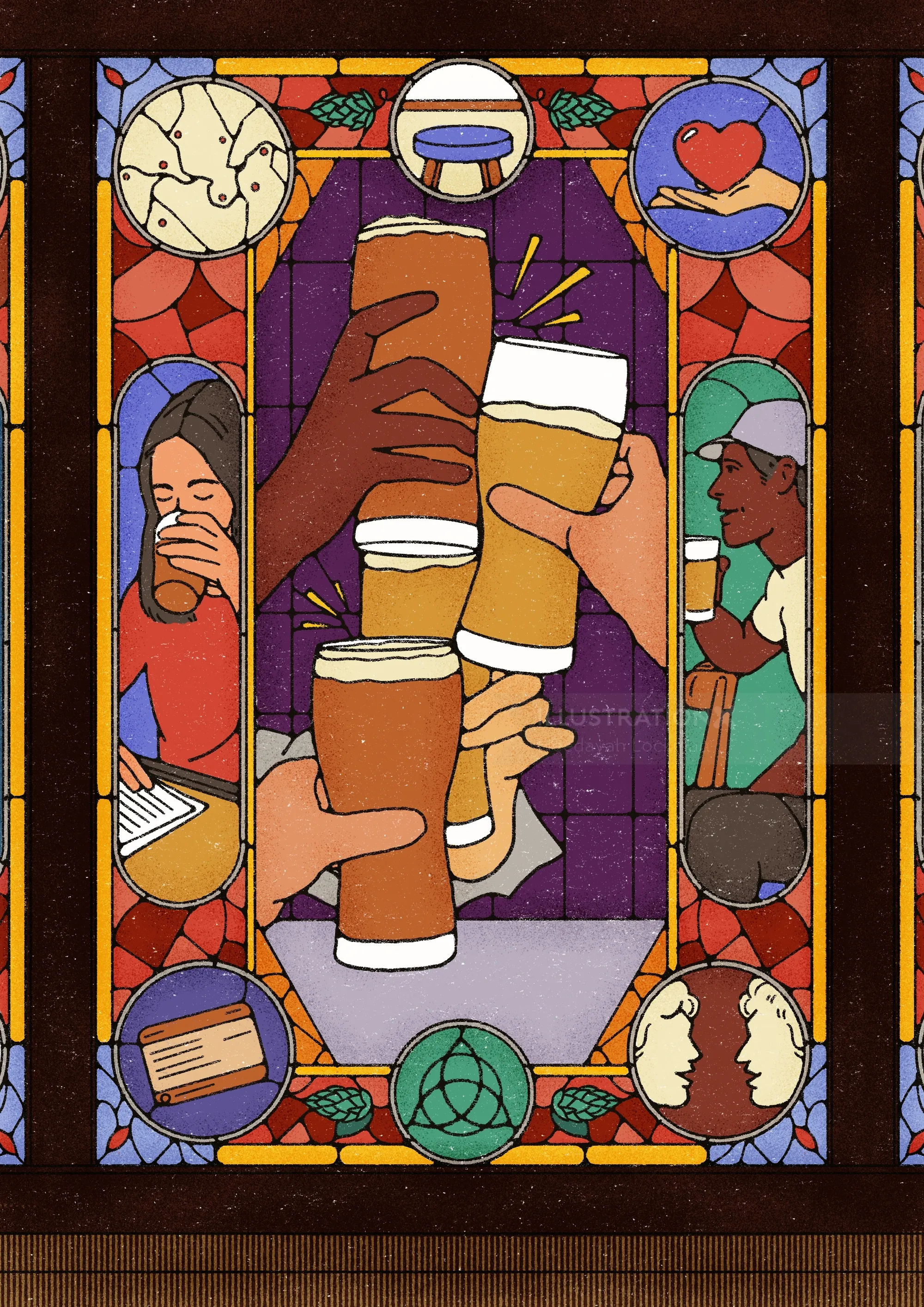 Heedayah Lockman stained glass artwork with hands holding coffee cups and surrounding figures