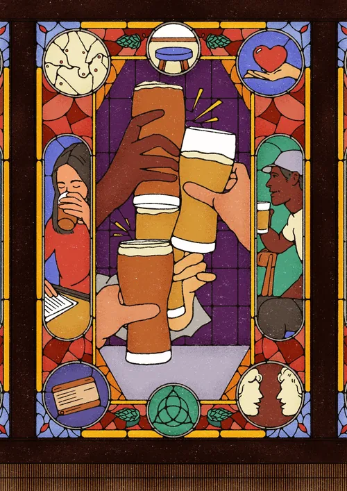 Heedayah Lockman stained glass artwork with hands holding coffee cups and surrounding figures