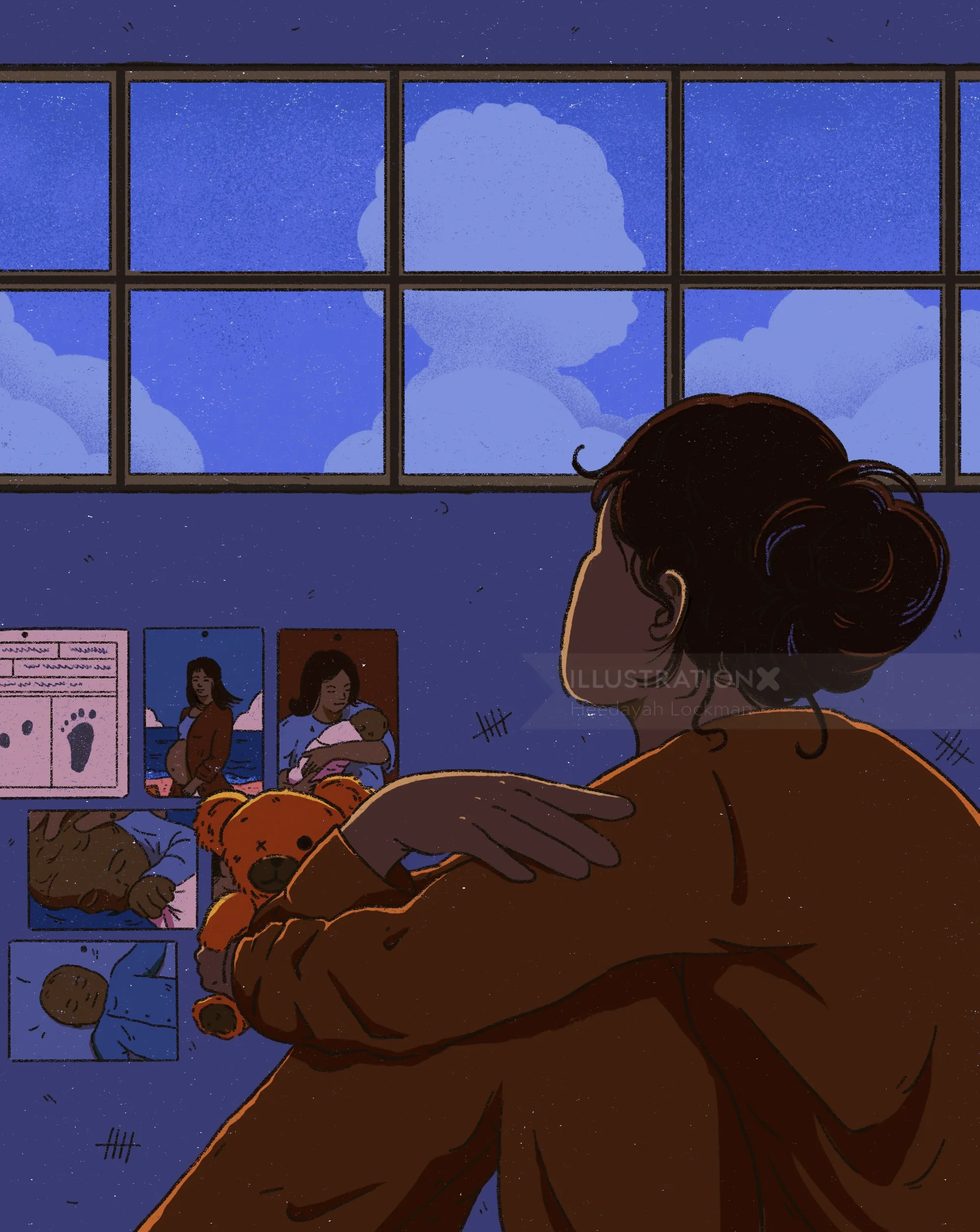 Heedayah Lockman illustration of a woman embracing a child beside a blue window.