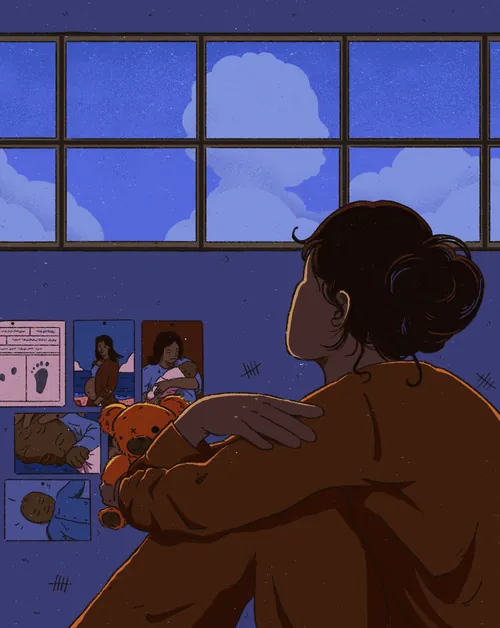 Heedayah Lockman illustration of a woman embracing a child beside a blue window.