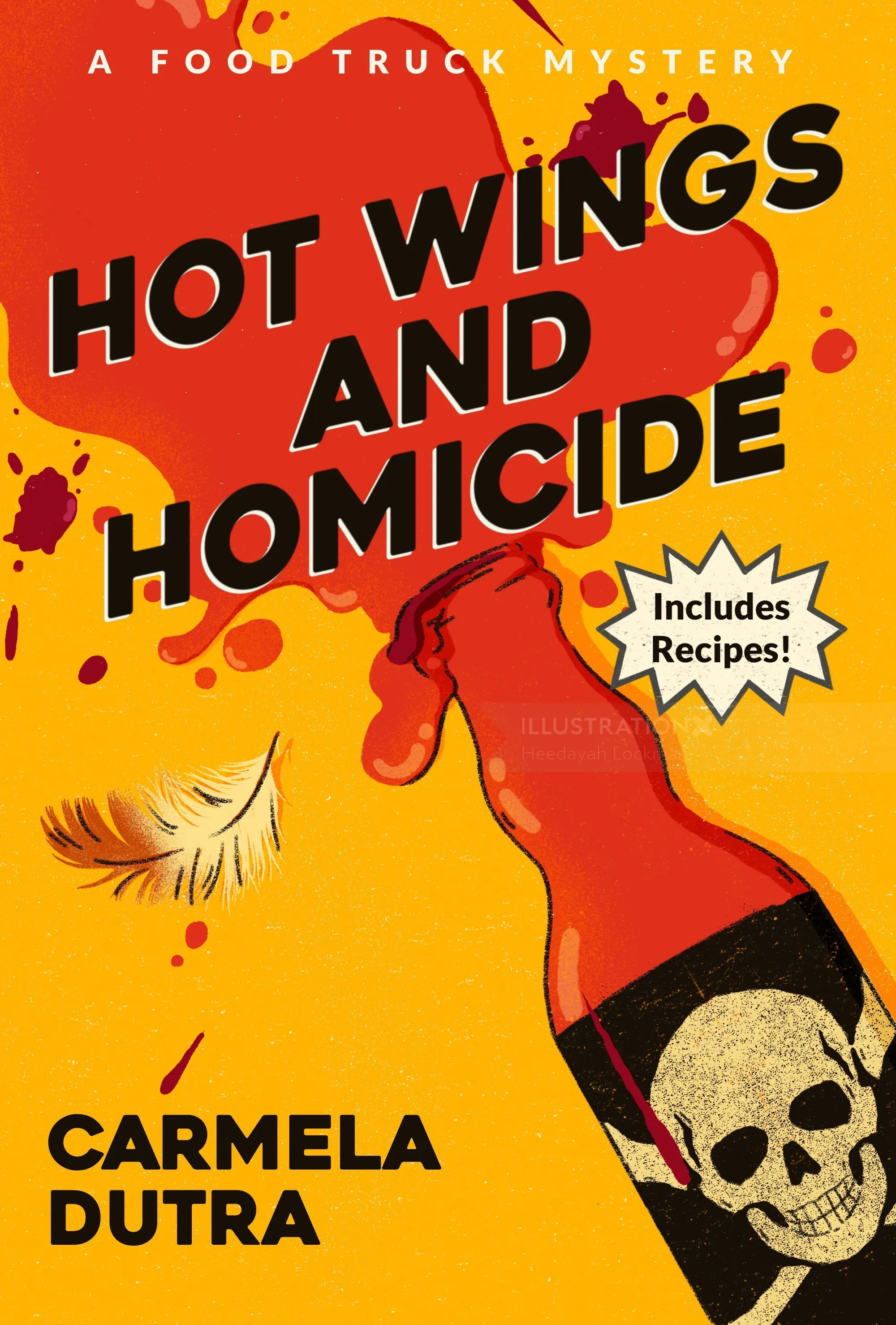 Heedayah Lockman cover art for Hot Wings and Homicide with a skull hot sauce bottle.