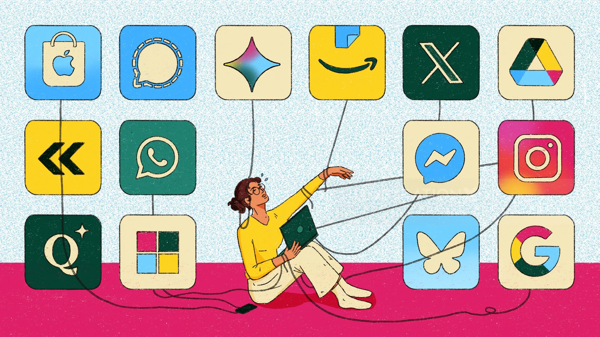 Heedayah Lockman illustration of a woman surrounded by colorful app icons.