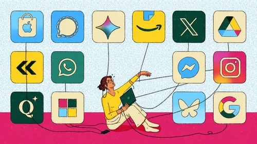 Heedayah Lockman illustration of a woman surrounded by colorful app icons.