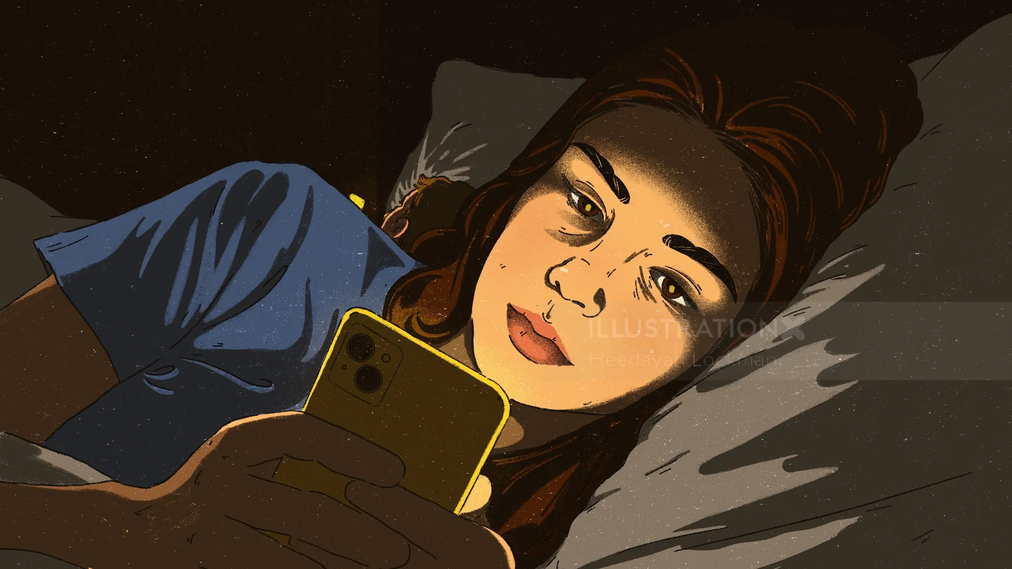 Heedayah Lockman illustration of a woman lying in bed using a smartphone