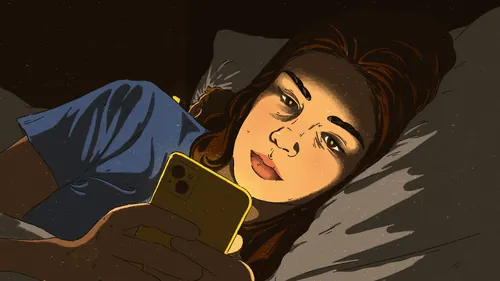 Heedayah Lockman illustration of a woman lying in bed using a smartphone