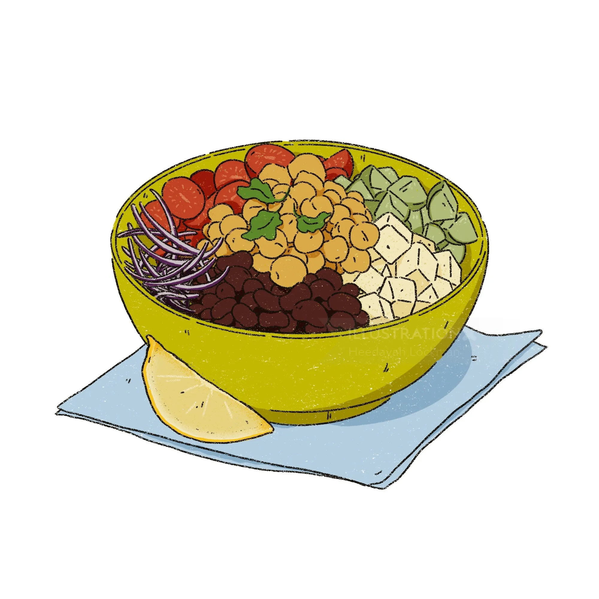 Heedayah Lockman illustration of a colorful fruit and vegetable bowl