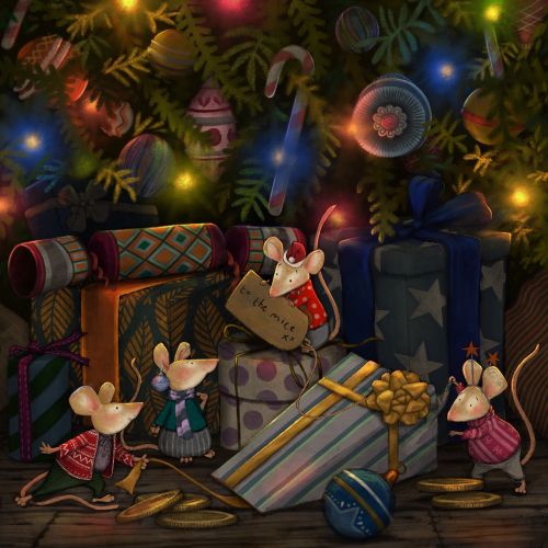 Mice near decorated Christmas presents and festive lights