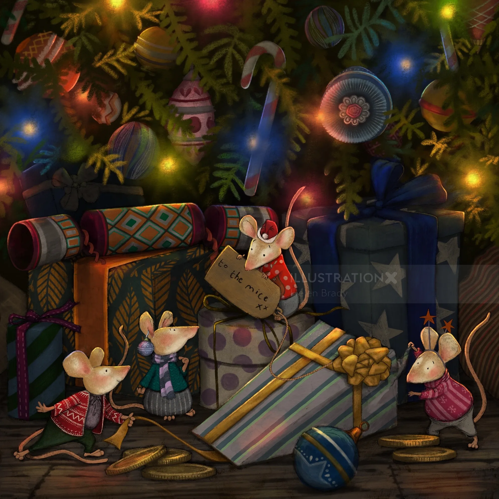 Des souris près des cadeaux de Noël décorés et des lumières festives