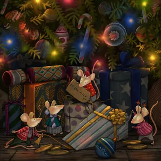 Mice near decorated Christmas presents and festive lights