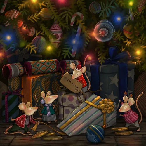 Mice near decorated Christmas presents and festive lights