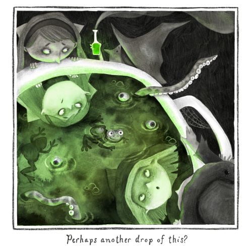 Children looking into a green glowing bathtub with strange amphibians and tentacles