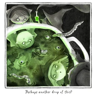 Children looking into a green glowing bathtub with strange amphibians and tentacles