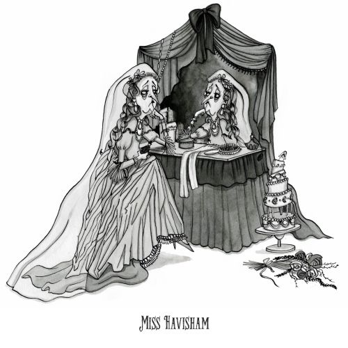 Miss Havisham in wedding dress looking at her reflection in a mirror with a cake nearby