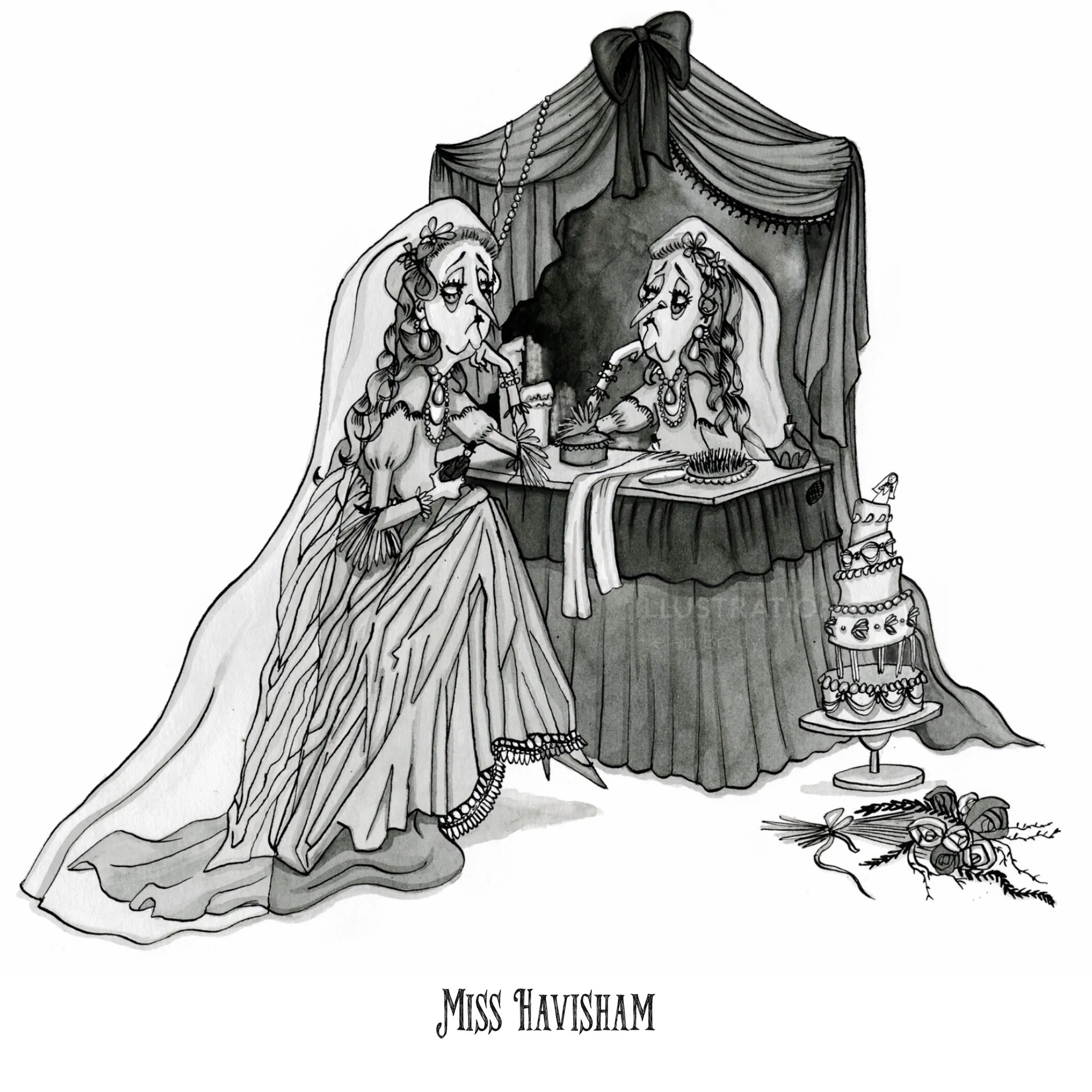 Miss Havisham in wedding dress looking at her reflection in a mirror with a cake nearby