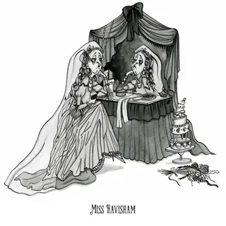 Miss Havisham in wedding dress looking at her reflection in a mirror with a cake nearby