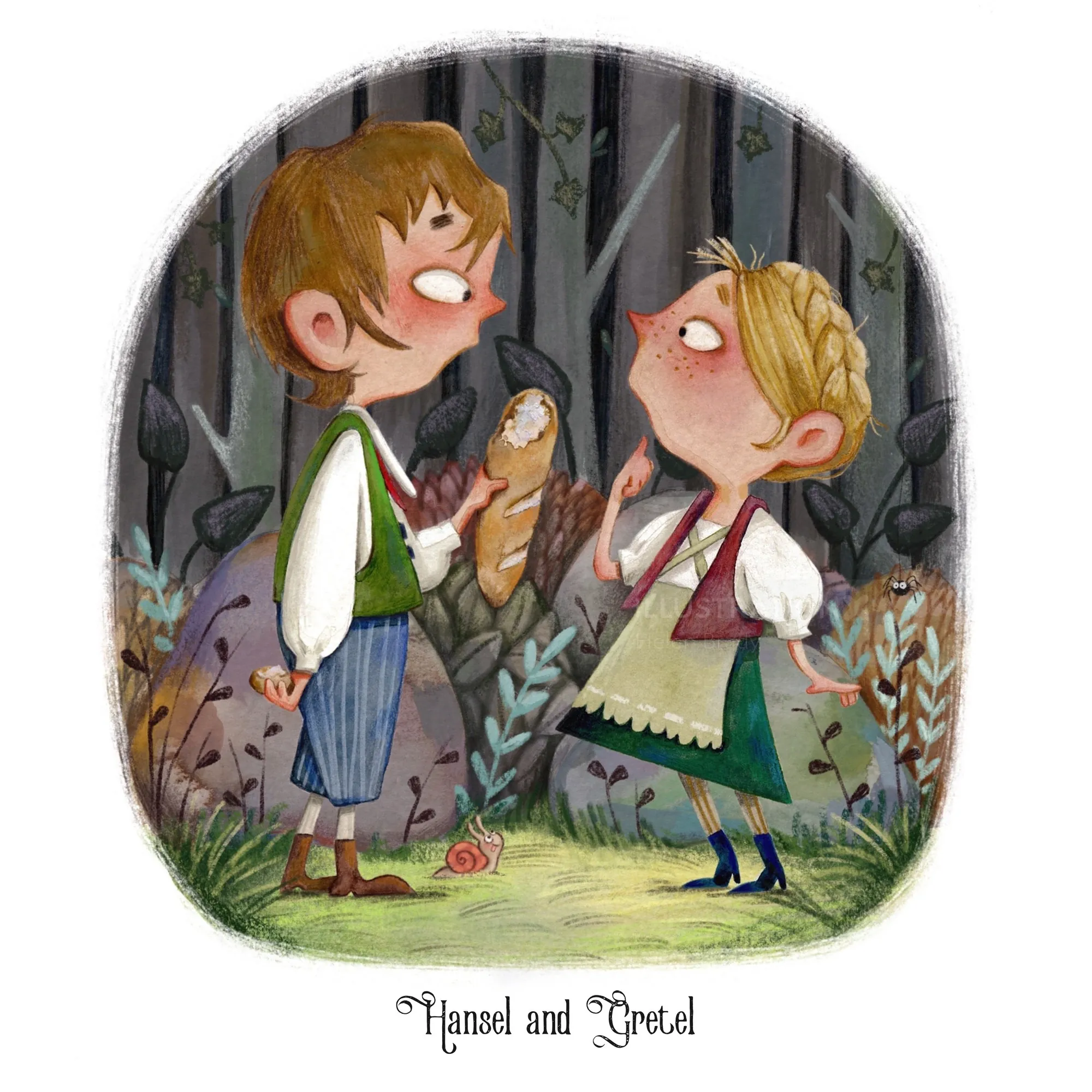 Hansel and Gretel talking in a forest with a bird on a stick
