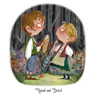 Hansel and Gretel talking in a forest with a bird on a stick