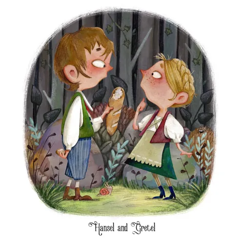 Hansel and Gretel talking in a forest with a bird on a stick