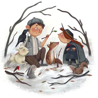 Two children sitting with animals in a bare tree forest scene
