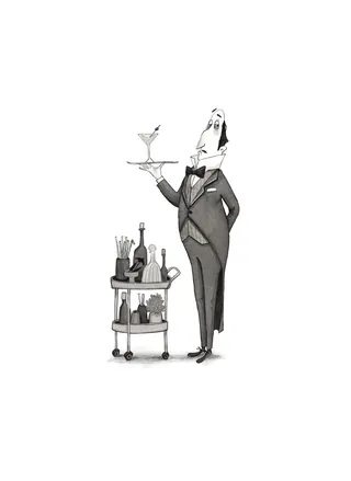 Waiter balancing cocktail glass on finger next to bar cart with bottles