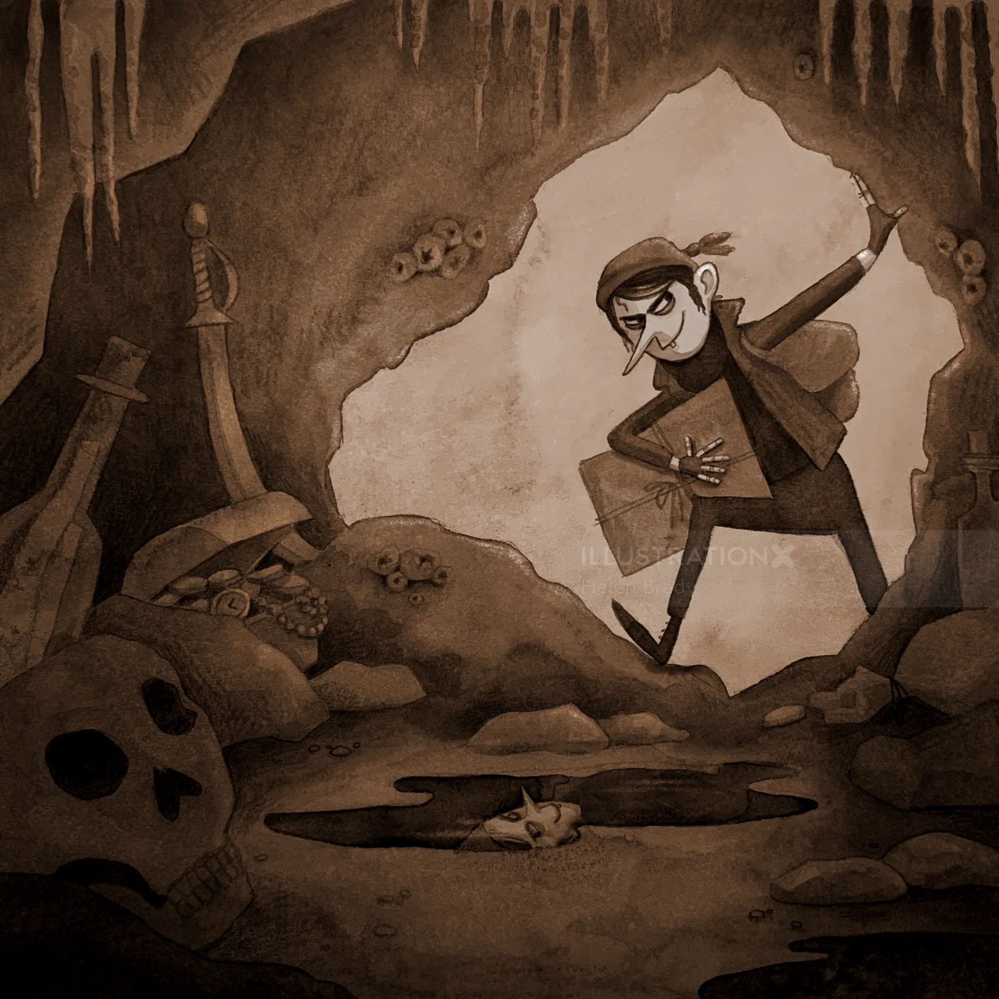 Cartoon explorer finding bones and skulls inside ancient cave