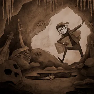 Cartoon explorer finding bones and skulls inside ancient cave