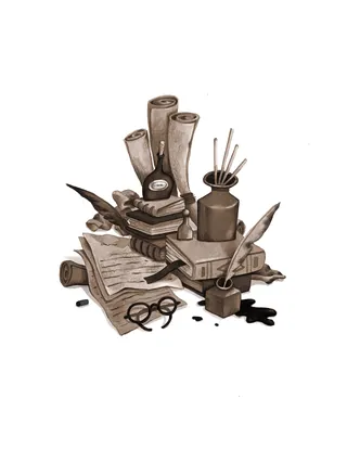 Illustration of vintage writing tools with ink, quills, glasses, and books