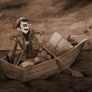 Artwork of the creepy thief on a boat