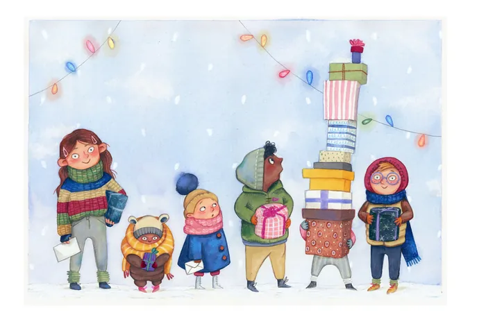 Five kids in winter clothes holding books and standing under string lights