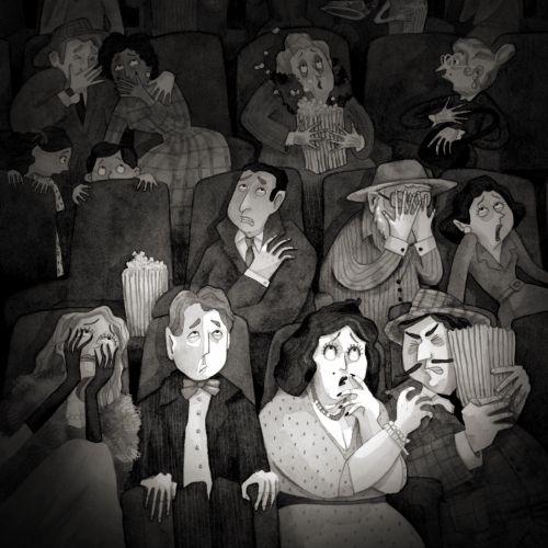 Cartoon of scared and surprised people in a movie theater.