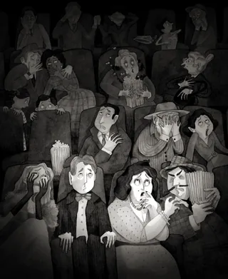 Cartoon of scared and surprised people in a movie theater.