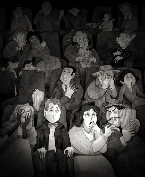 Cartoon of scared and surprised people in a movie theater.