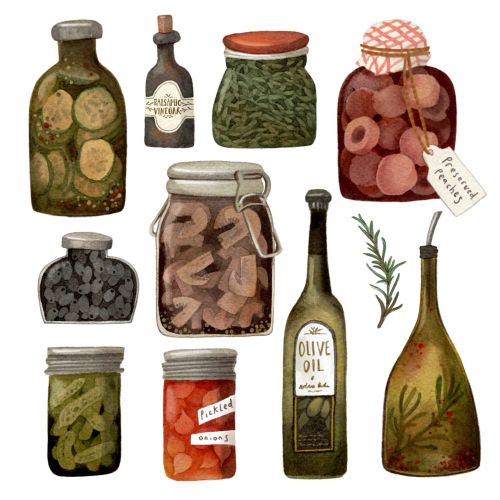 Jars and bottles of pickles, preserves, and olive oil